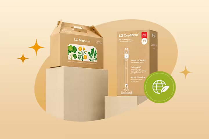 Hình ảnh truyền thông chiến dịch Bao Bì Bền Vững của LG, giới thiệu mẫu vỏ hộp bằng giấy tái chế tối giản cho tiiun mini và CordZero.