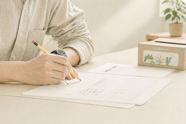 Nhà thiết kế phác thảo ý tưởng vỏ hộp bền vững ngay cạnh sản phẩm LG tiiun mini.