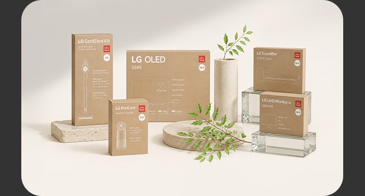 Sự hòa quyện giữa tự nhiên và công nghệ: Bao bì giấy tái chế của các dòng sản phẩm LG CordZero, OLED TV, PuriCare, màn hình và soundbar.