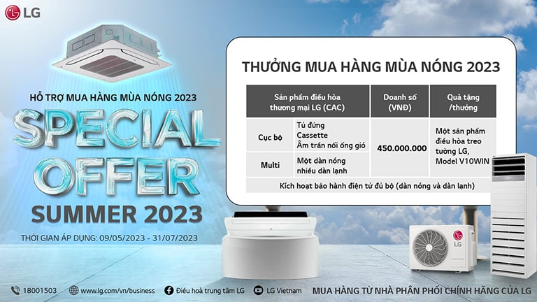 Trên cùng là dàn âm trần 4 chiều của LG. Một số dàn lạnh và ngoài trời được hiển thị ở phía dưới giới thiệu ưu đãi đặc biệt.