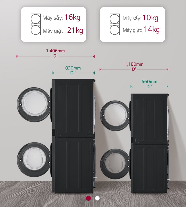Đây là hình ảnh mặt bên so sánh kích thước và công suất với máy giặt wash tower 27 inch.