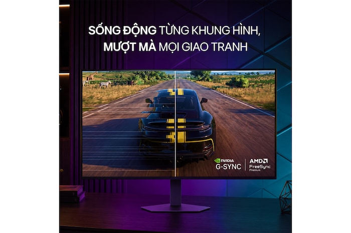 Cảnh đua xe trong trò chơi Assetto Corsa Competizione hiển thị trên màn hình chơi game, hỗ trợ công nghệ Adaptive Sync với NVIDIA G-SYNC và AMD FreeSync Premium giúp trải nghiệm chơi game mượt mà, không bị hiện tượng xé hình.