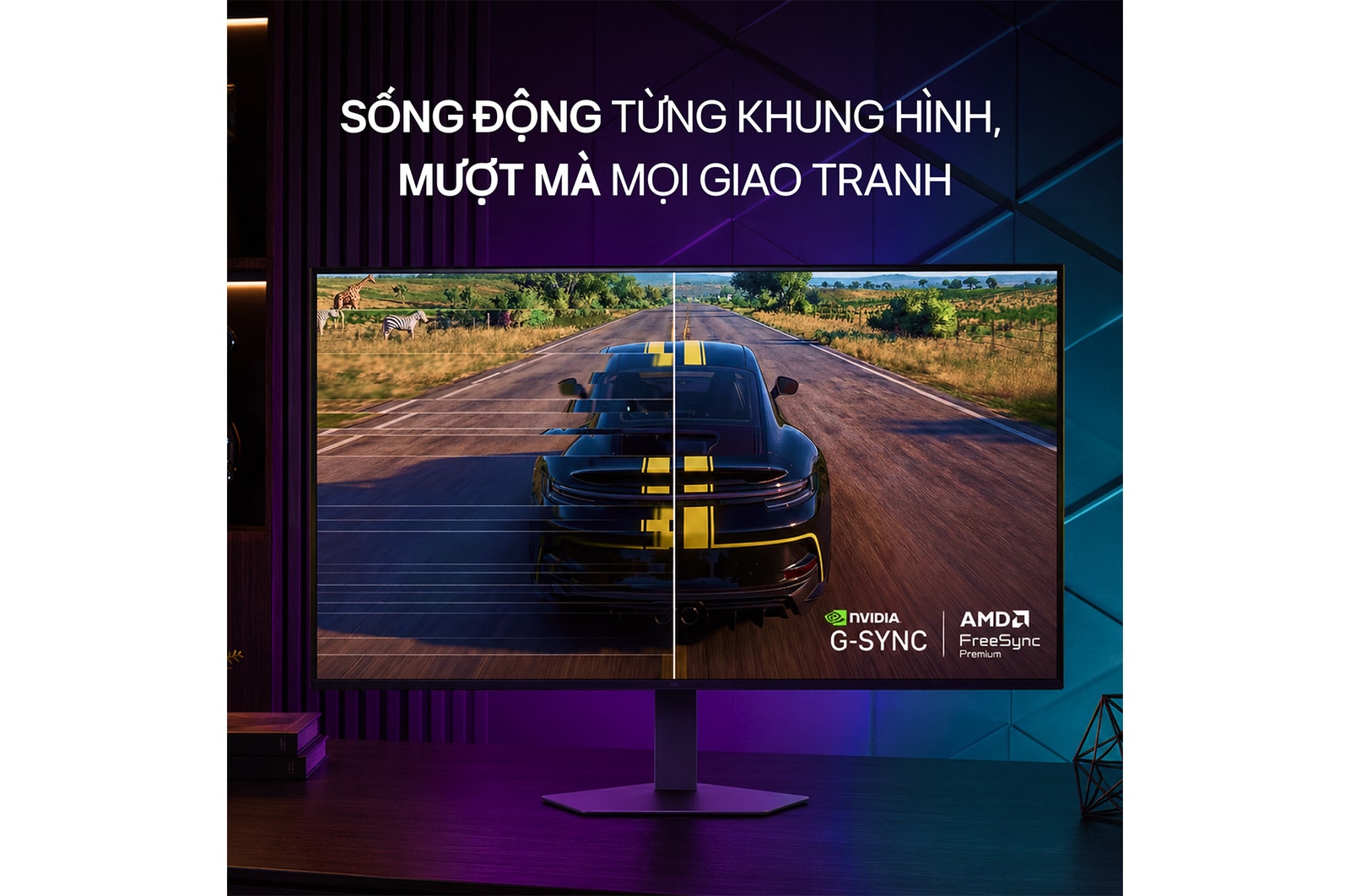 Cảnh đua xe trong trò chơi Assetto Corsa Competizione hiển thị trên màn hình chơi game, hỗ trợ công nghệ Adaptive Sync với NVIDIA G-SYNC và AMD FreeSync Premium giúp trải nghiệm chơi game mượt mà, không bị hiện tượng xé hình.