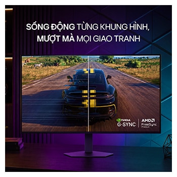 Cảnh đua xe trong trò chơi Assetto Corsa Competizione hiển thị trên màn hình chơi game, hỗ trợ công nghệ Adaptive Sync với NVIDIA G-SYNC và AMD FreeSync Premium giúp trải nghiệm chơi game mượt mà, không bị hiện tượng xé hình.
