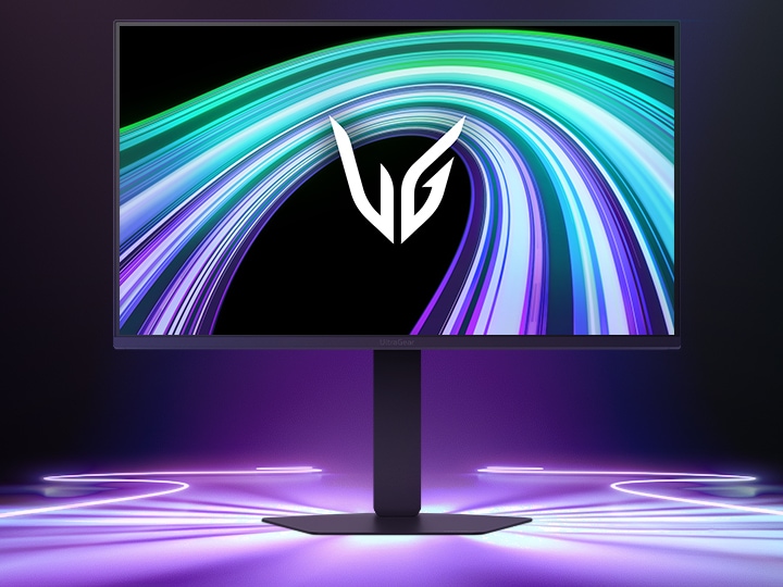 Hình ảnh mặt trước của màn hình chơi game UltraGear™ 25G550B trong một căn phòng phong cách tương lai rực rỡ ánh đèn neon.