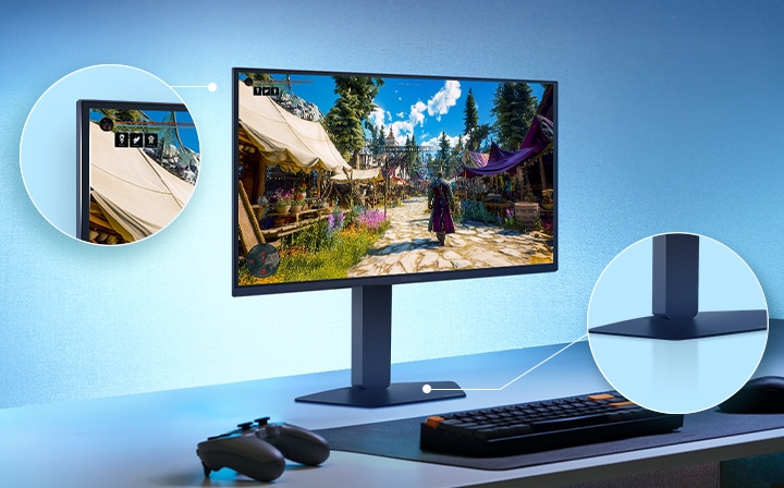 Hình ảnh hiển thị màn hình chơi game UltraGear™ trong một không gian làm việc đang trình chiếu cảnh game, với các phần phóng to làm nổi bật thiết kế tràn viền và chân đế thanh mảnh tạo cảm giác như đang lơ lửng.