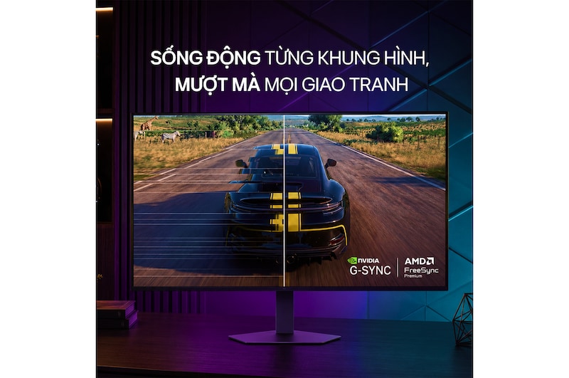 Cảnh đua xe trong game Assetto Corsa Competizione, thể hiện sự hỗ trợ của công nghệ Adaptive Sync (tương thích NVIDIA G-SYNC và AMD FreeSync Premium) giúp chơi game mượt mà, không xé hình.