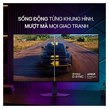 Cảnh đua xe trong game Assetto Corsa Competizione, thể hiện sự hỗ trợ của công nghệ Adaptive Sync (tương thích NVIDIA G-SYNC và AMD FreeSync Premium) giúp chơi game mượt mà, không xé hình.