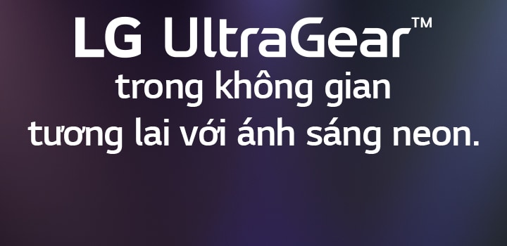 Logo UltraGear™ trong không gian tương lai với ánh sáng neon.