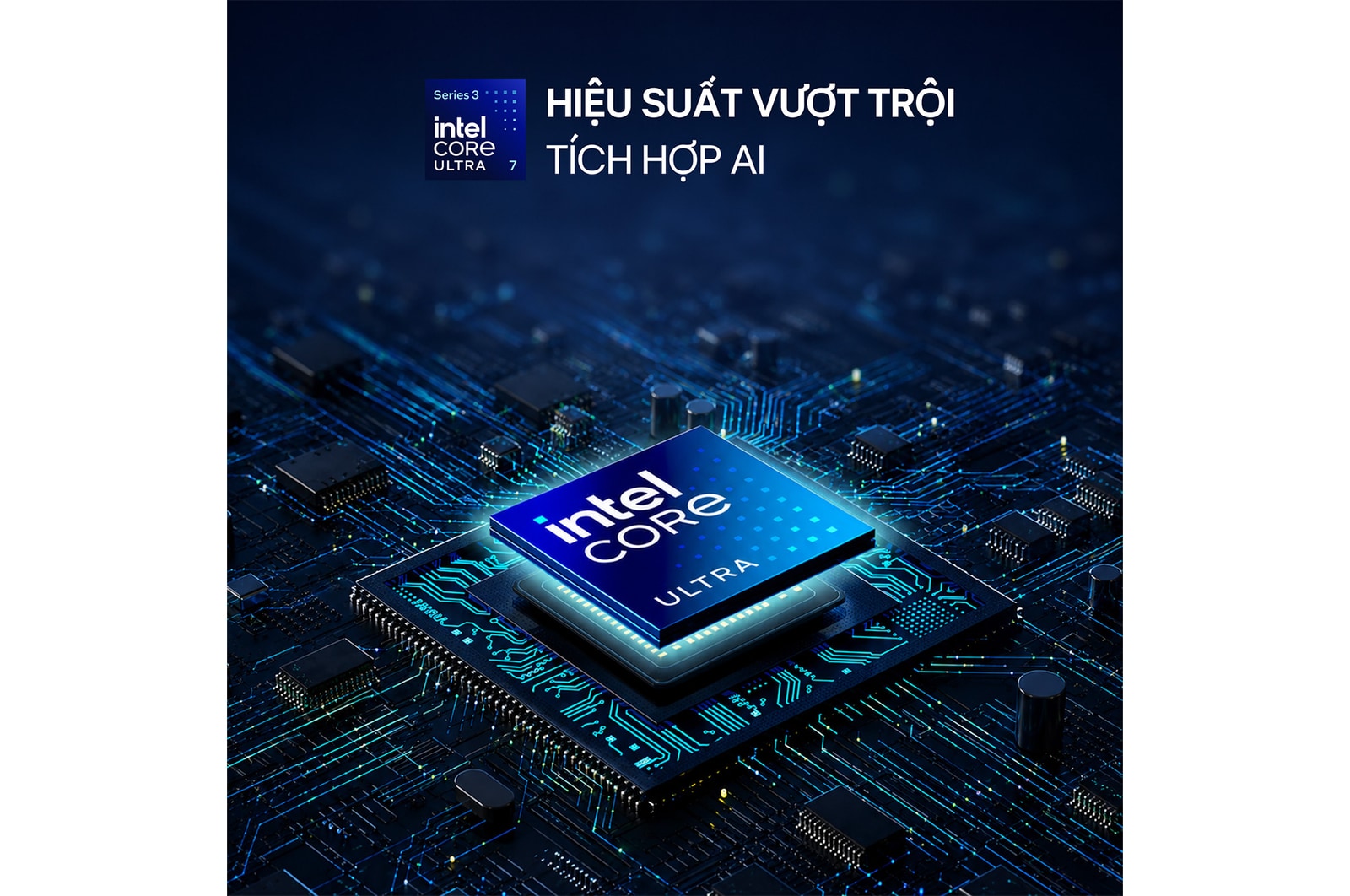 Hình ảnh thể hiện bộ xử lý Intel® Core™ Ultra trên nền chuyển sắc từ xanh dương sang tím cùng dòng chữ “AI” bán trong suốt khổ lớn, nhiều lớp phía sau chipset này.
