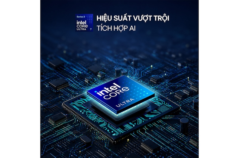 Hình ảnh thể hiện bộ xử lý Intel® Core™ Ultra trên nền chuyển sắc từ xanh dương sang tím cùng dòng chữ “AI” bán trong suốt khổ lớn, nhiều lớp phía sau chipset này.