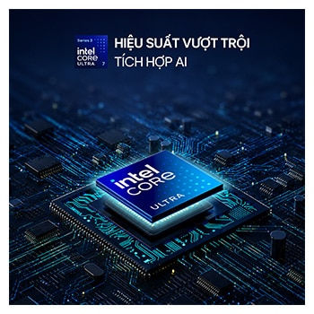 Hình ảnh thể hiện bộ xử lý Intel® Core™ Ultra trên nền chuyển sắc từ xanh dương sang tím cùng dòng chữ “AI” bán trong suốt khổ lớn, nhiều lớp phía sau chipset này.