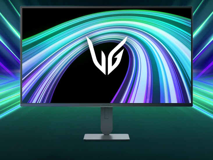 Hình ảnh mặt trước của màn hình chơi game UltraGear™ 27G414B trong một căn phòng rực sáng đèn neon theo phong cách tương lai.