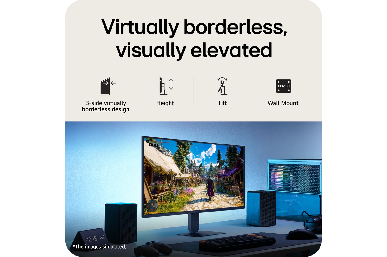 Hình ảnh này thể hiện màn hình chơi game UltraGear™ trong bố cục bàn làm việc hiển thị cảnh trò chơi, kèm theo đó là các biểu tượng cho thấy thiết kế viền 3 cạnh siêu mỏng, khả năng điều chỉnh độ cao, hỗ trợ nghiêng và tương thích với giá treo tường.