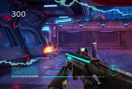 Cảnh game bắn súng góc nhìn thứ nhất hiển thị trên màn hình chơi game, trong đó có Bộ đếm FPS trên màn hình hiển thị thông tin tốc độ khung hình theo thời gian thực.