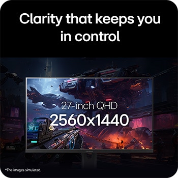 Cận cảnh màn hình chơi game LG UltraGear 27 inch hiển thị cảnh trò chơi khoa học viễn tưởng, làm nổi bật độ phân giải QHD 2560x1440 ở tỷ lệ 16:9.