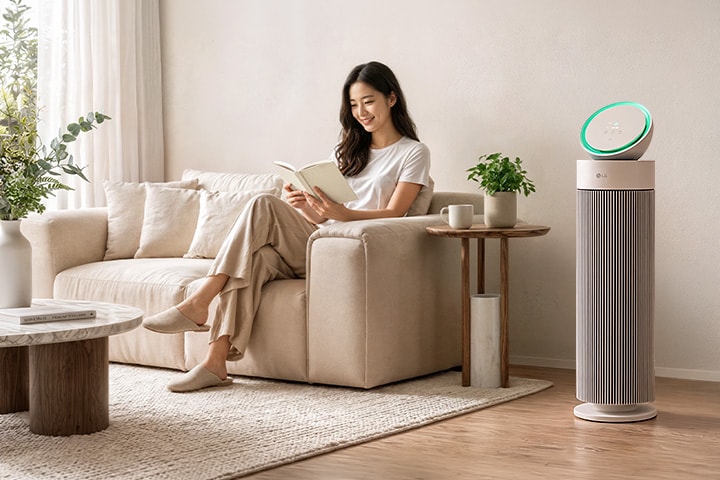 Máy lọc không khí LG AeroBooster trong phòng khách sáng thoáng, giúp duy trì chất lượng không khí trong nhà dễ chịu.