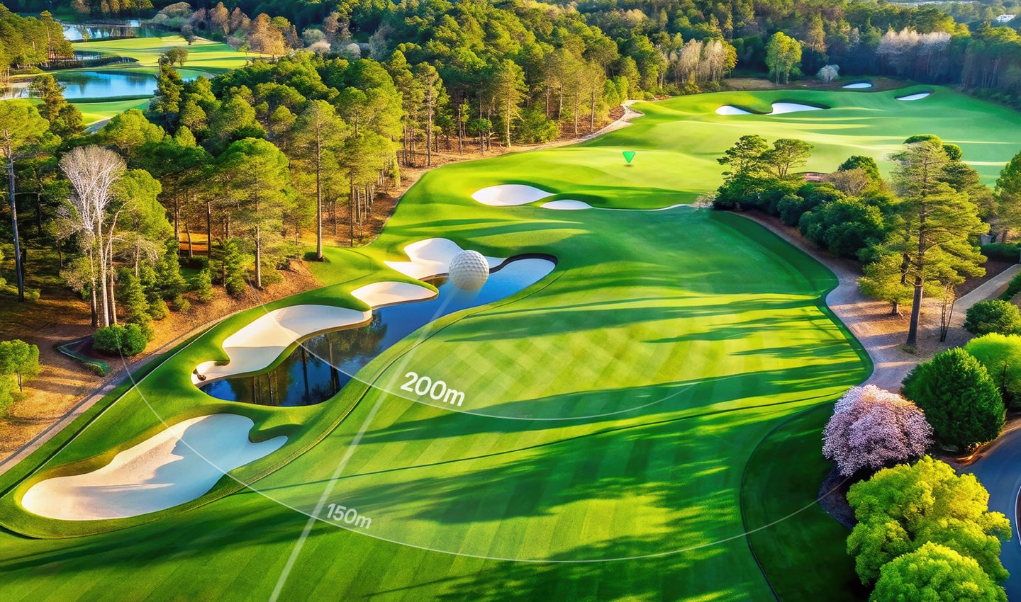Góc nhìn tuyệt đẹp từ trên xuống sân golf có các hố cát, hồ nước và các khoảng cách được đánh dấu 150 m và 200 m.