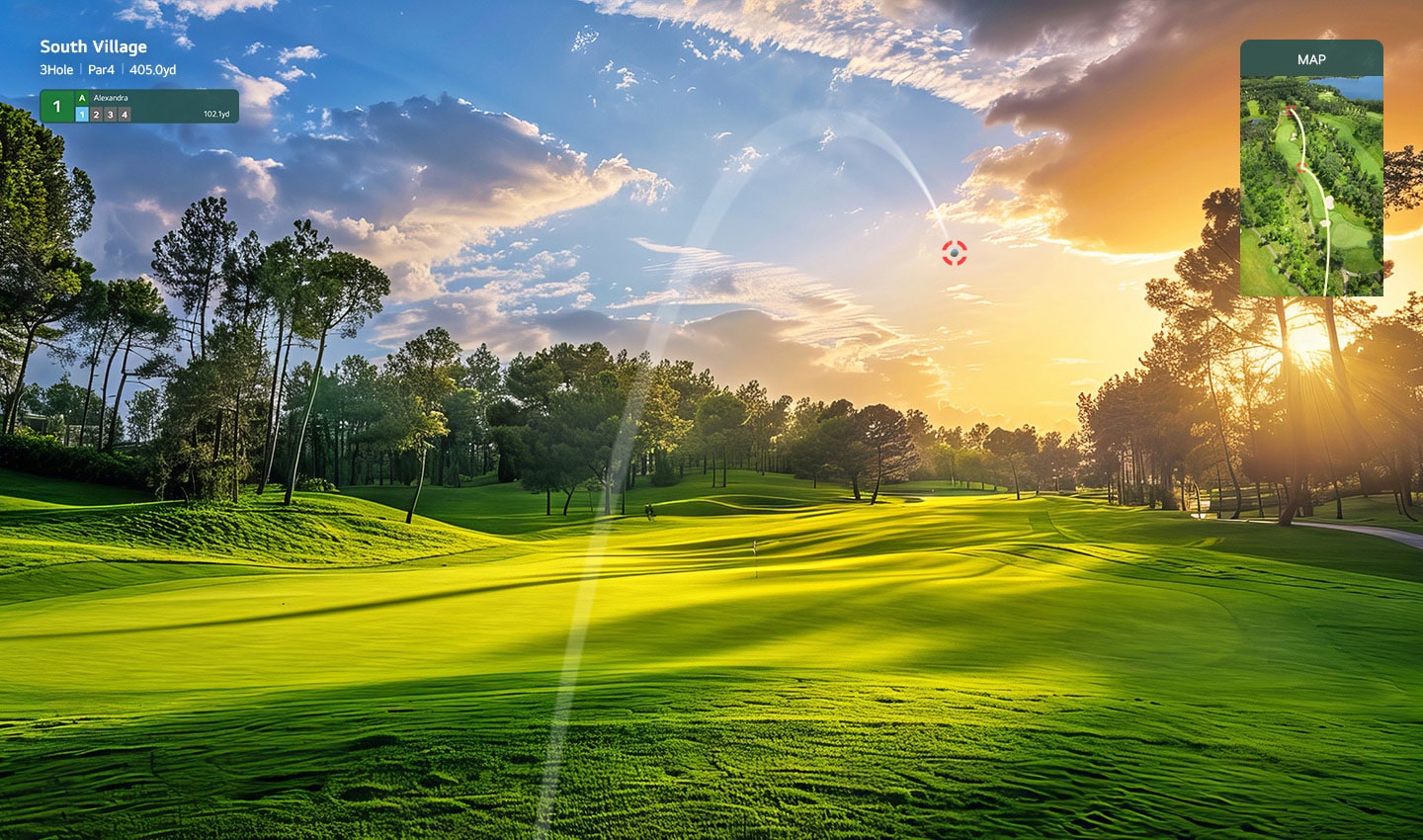 Bóng golf ảo đang bay giữa không trung trên sân golf xanh mát dưới ánh hoàng hôn rực rỡ cùng bản đồ sân golf được hiển thị phía trên đầu.