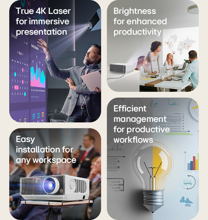 Ảnh ghép thể hiện các tính năng của LG ProBeam: Chiếu laser 4K cho bài thuyết trình, tùy chỉnh độ sáng để tăng năng suất, lắp đặt dễ dàng và quản lý quy trình làm việc hiệu quả.