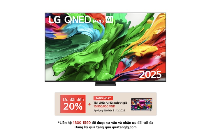 Front view of LG QNED evo TV, LG QNED evo Al Logo on the top corner. LG QNED evo TV depicts colorful paintike textures coming together.