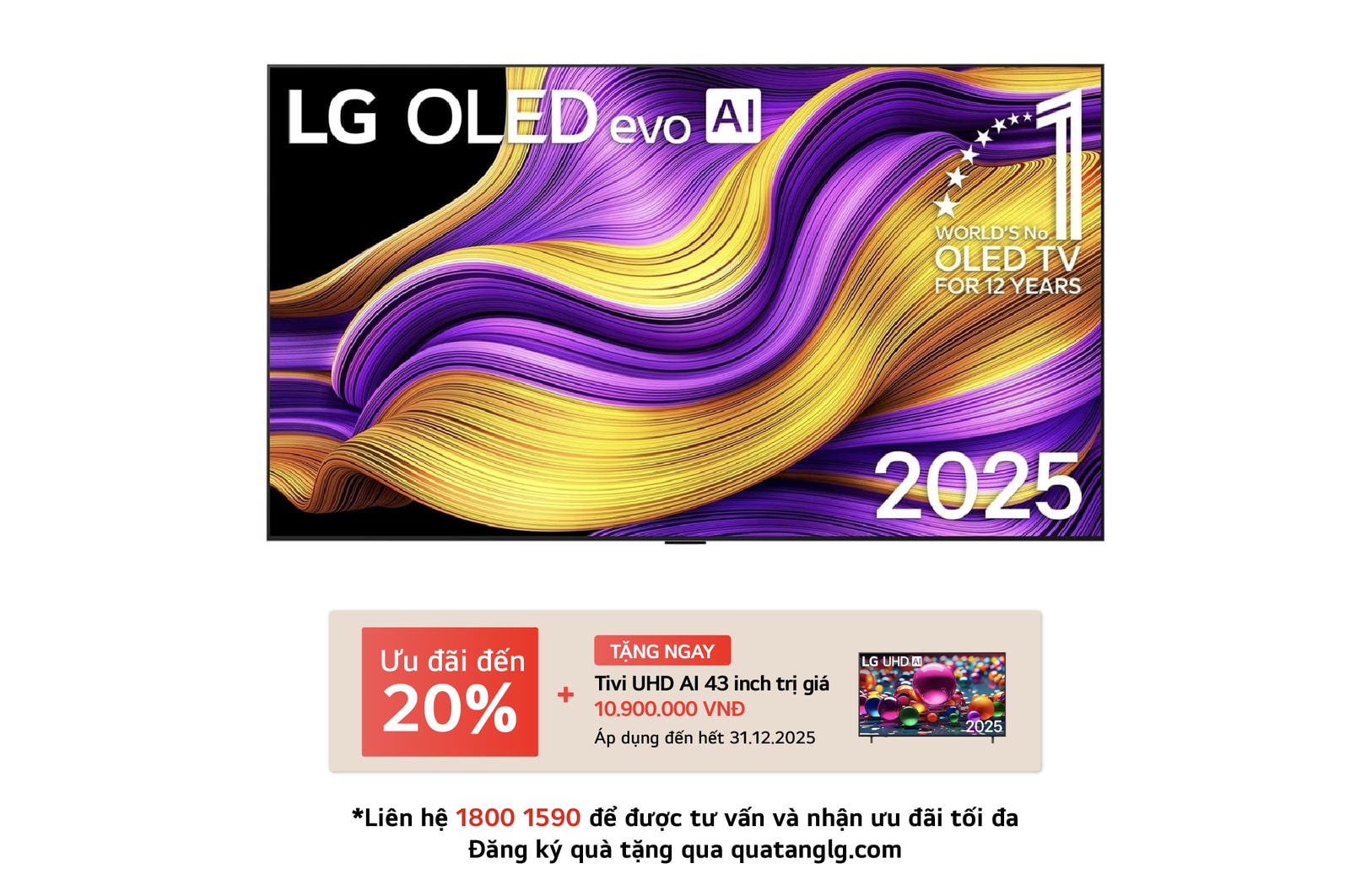 Front view of LG OLED evo AI G5 4K Smart TV. 12 Years of world number 1 OLED emblem and LG OLED evo AI 2025 logo are on the screen.