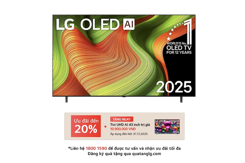 Front view of LG OLED AI B5 4K Smart TV. 12 Years of world number 1 OLED emblem and LG OLED AI 2025 logo are on the screen.