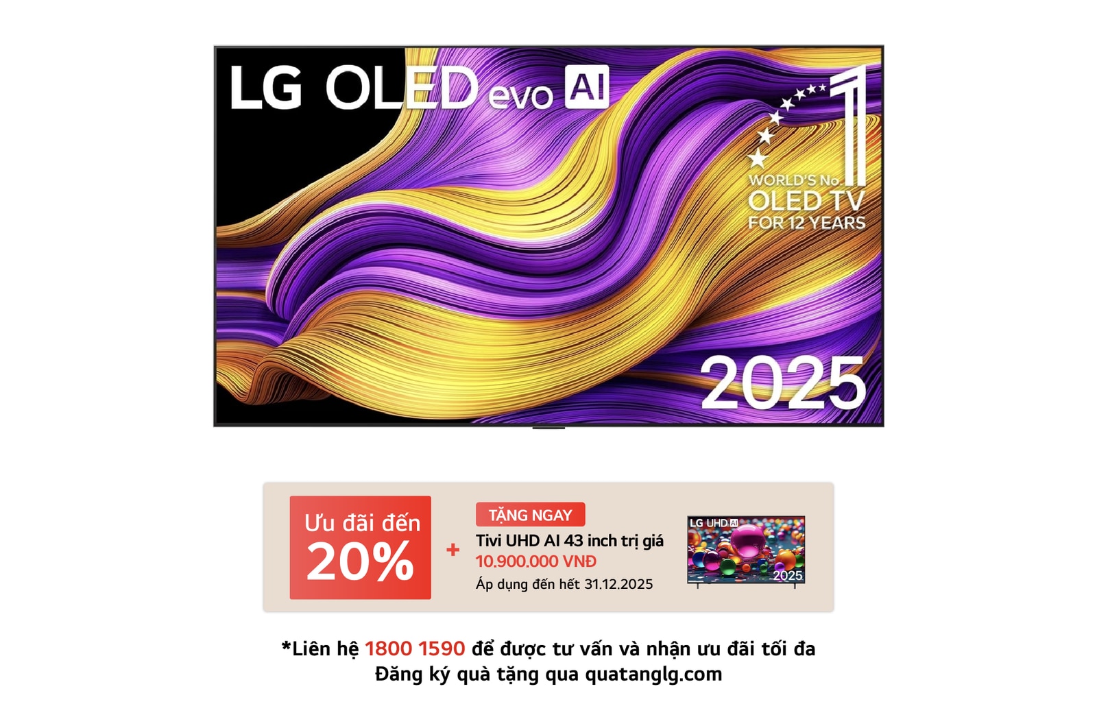 Front view of LG OLED evo AI G5 4K Smart TV. 12 Years of world number 1 OLED emblem and LG OLED evo AI 2025 logo are on the screen.