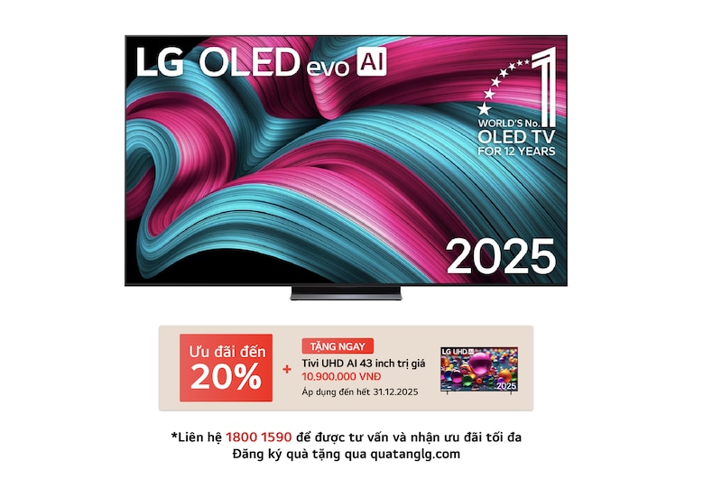 Front view of LG OLED evo AI C5 4K Smart TV. 12 Years of world number 1 OLED emblem and LG OLED evo AI 2025 logo are on the screen.