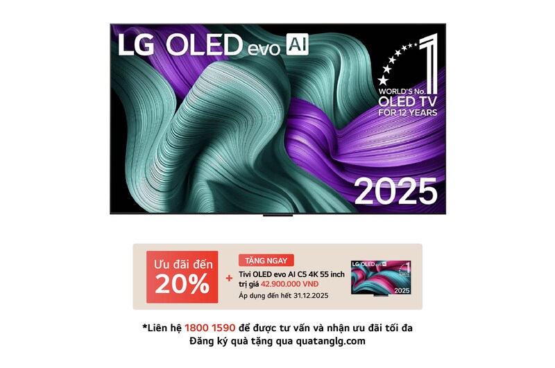 Front view of LG OLED evo AI G5 4K Smart TV. 12 Years of world number 1 OLED emblem and LG OLED evo AI 2025 logo are on the screen.