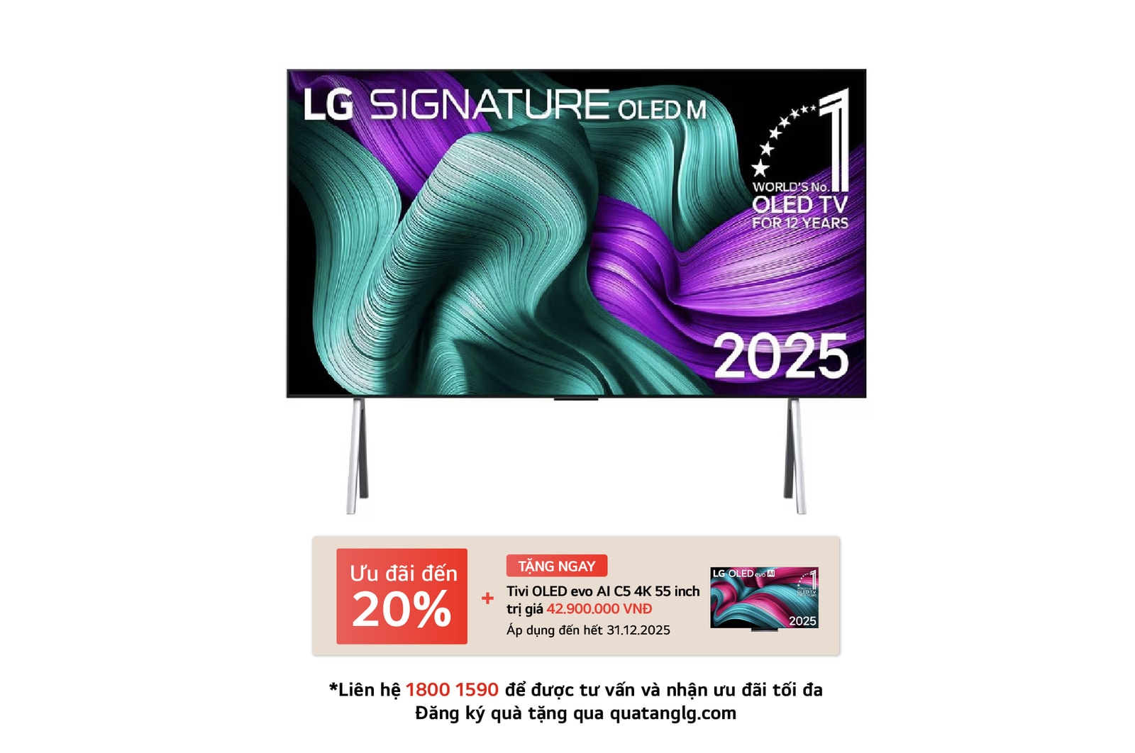 Hình ảnh mặt trước của LG OLED M5 Signature TV. Biểu tượng OLED số 1 thế giới trong 12 năm và logo LG Signature OLED M hiện trên màn hình. Hộp kết nối không dây ở góc có tiêu đề, Hộp kết nối không dây có khả năng truyền video và âm thanh không dây 4K 120Hz