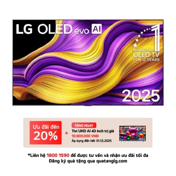 Front view of LG OLED evo AI G5 4K Smart TV. 12 Years of world number 1 OLED emblem and LG OLED evo AI 2025 logo are on the screen.
