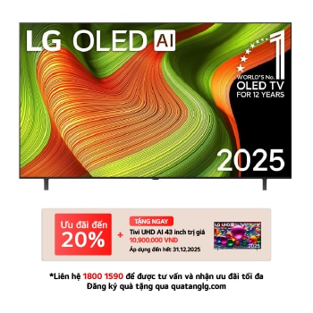 Front view of LG OLED AI B5 4K Smart TV. 12 Years of world number 1 OLED emblem and LG OLED AI 2025 logo are on the screen.