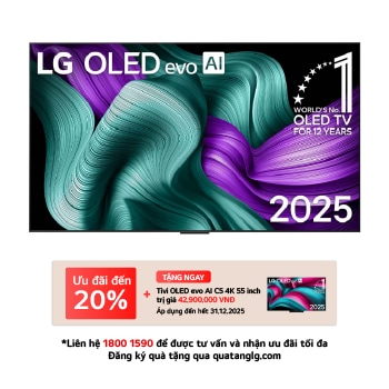 Front view of LG OLED evo AI G5 4K Smart TV. 12 Years of world number 1 OLED emblem and LG OLED evo AI 2025 logo are on the screen.