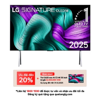 Hình ảnh mặt trước của LG OLED M5 Signature TV. Biểu tượng OLED số 1 thế giới trong 12 năm và logo LG Signature OLED M hiện trên màn hình. Hộp kết nối không dây ở góc có tiêu đề, Hộp kết nối không dây có khả năng truyền video và âm thanh không dây 4K 120Hz