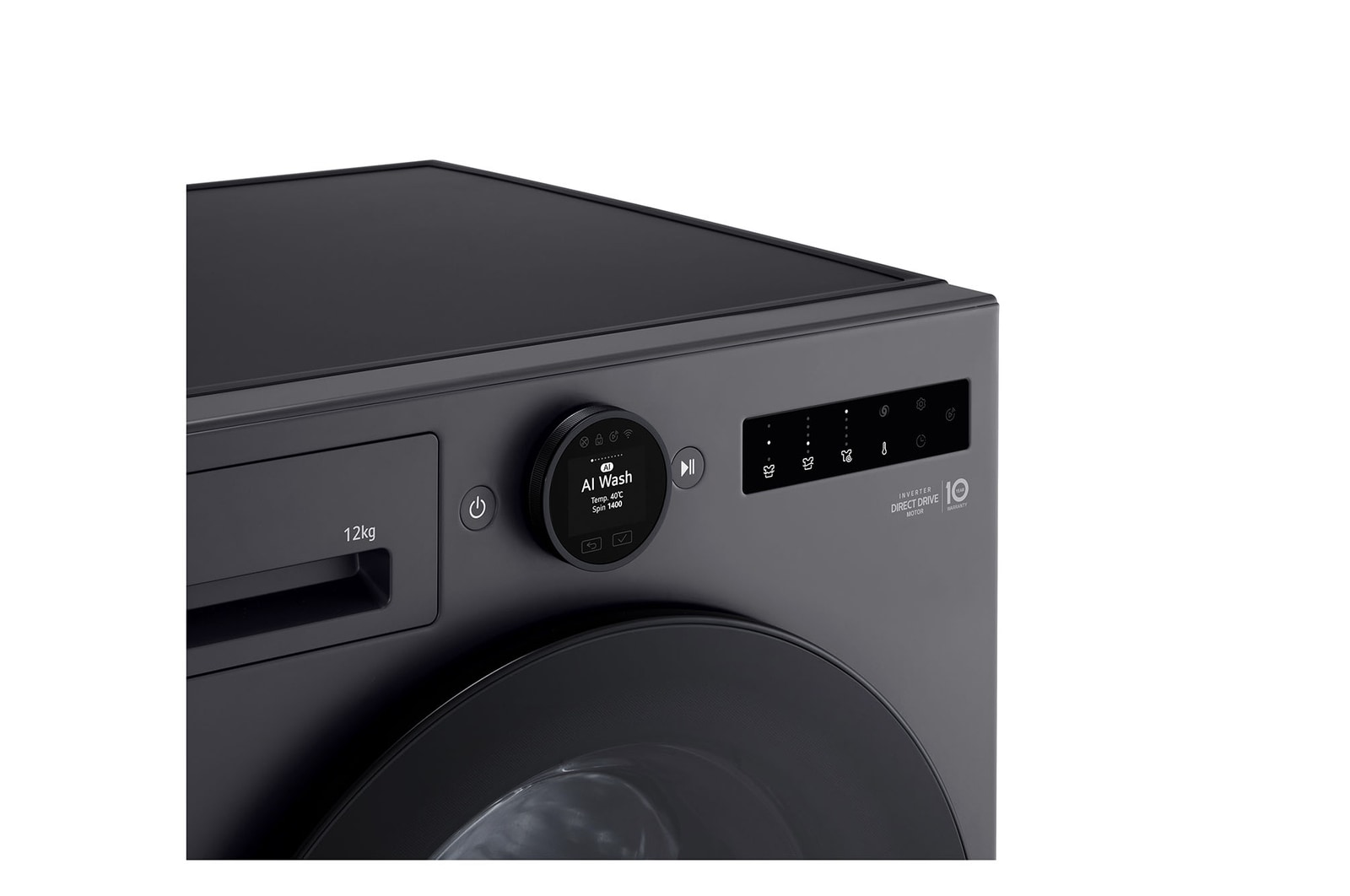 Cận cảnh núm xoay và màn hình điều khiển của máy giặt LG FX1412S3G