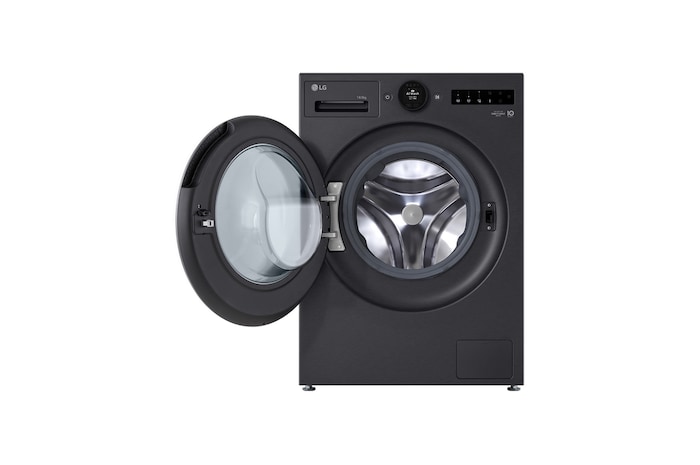 Máy giặt sấy LG cửa trước 13/8 kg màu đen mờ, góc chính diện với cửa mở