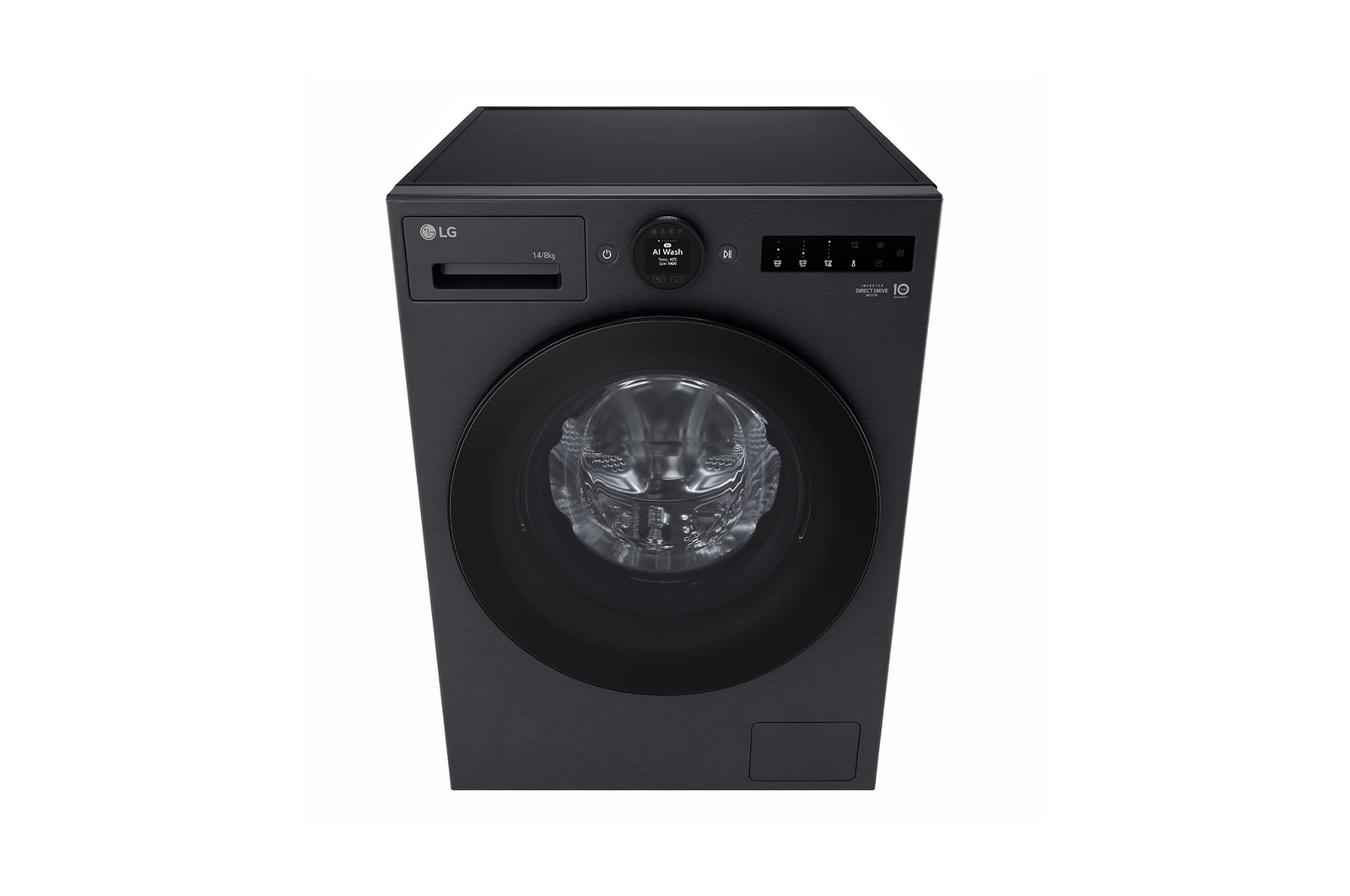 Máy giặt sấy LG cửa trước 13/8 kg màu đen mờ, góc chụp cao từ phía trước