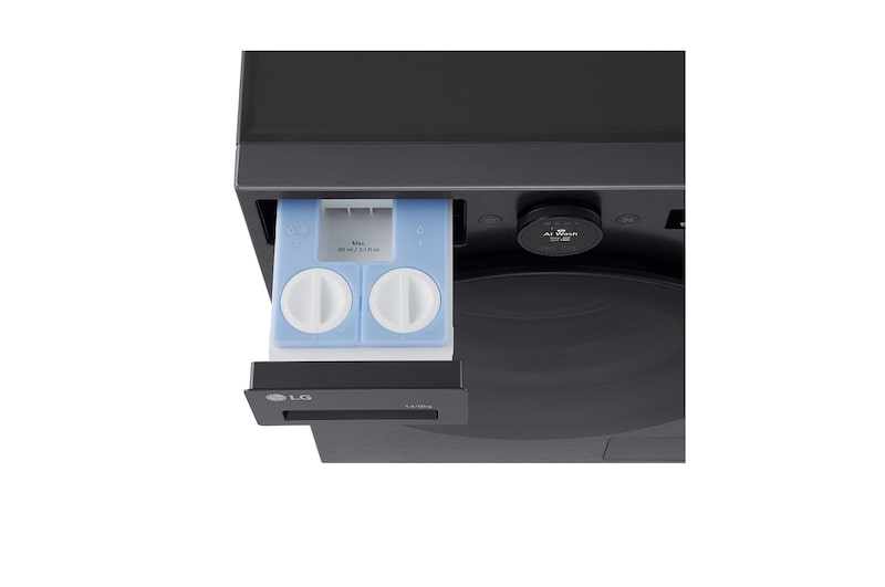 Máy giặt sấy LG cửa trước 13/8 kg màu đen mờ với ngăn phía trên được mở