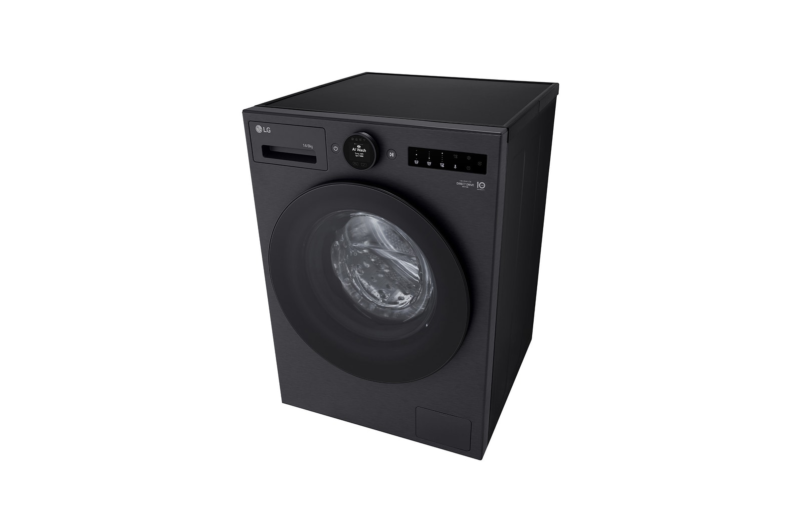 Máy giặt sấy LG cửa trước 13/8 kg màu đen mờ, góc chụp cao từ bên phải