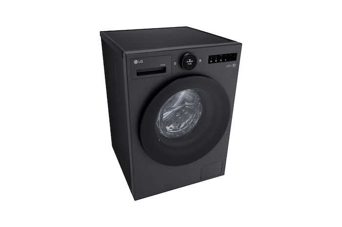 Máy giặt sấy LG cửa trước 13/8 kg màu đen mờ, góc chụp cao từ bên trái
