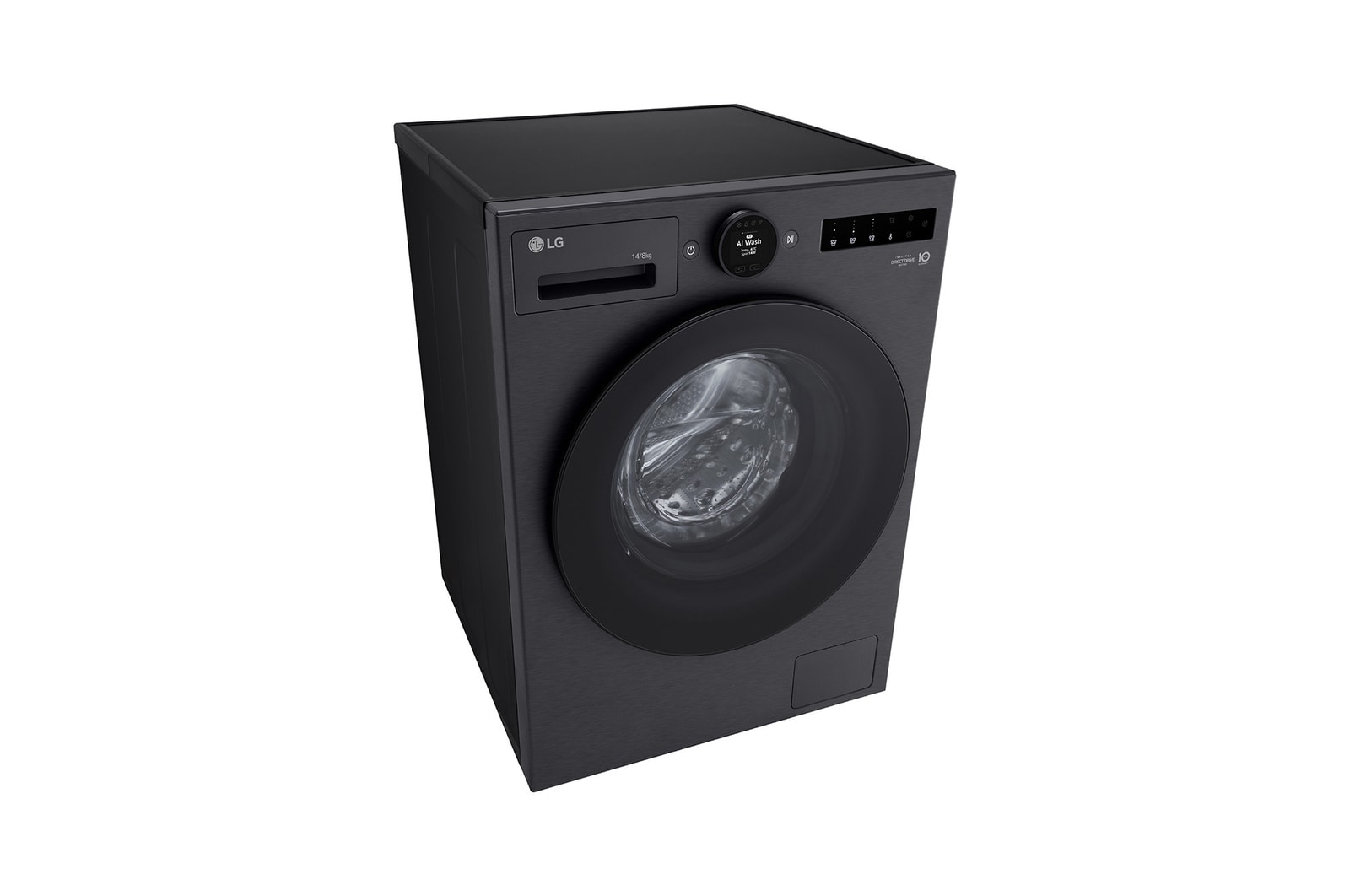 Máy giặt sấy LG cửa trước 13/8 kg màu đen mờ, góc chụp cao từ bên trái
