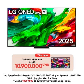 Front view of LG QNED evo TV, LG QNED evo Al Logo on the top corner. LG QNED evo TV depicts colorful paintike textures coming together.