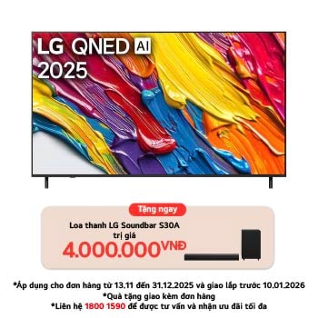 Hình ảnh tích cực của TV LG QNED82 với logo LG QNED Al ở góc trên cùng. LG QNED TV mô tả kết cấu đầy màu sắc như tranh vẽ.
