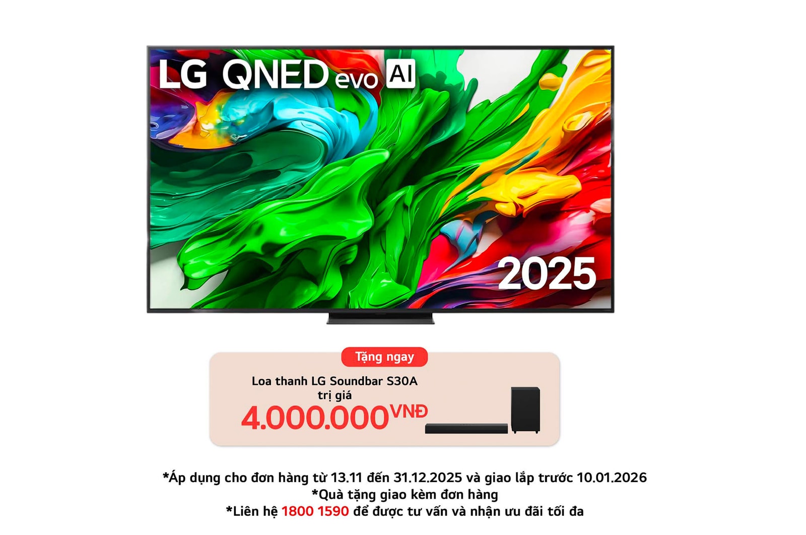 Front view of LG QNED evo TV, LG QNED evo Al Logo on the top corner. LG QNED evo TV depicts colorful paintike textures coming together.