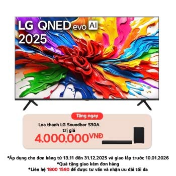 Front view of LG QNED evo QNED92 TV, LG QNED evo Al Logo on the top corner. LG QNED evo TV depicts colorful paintike textures coming together.