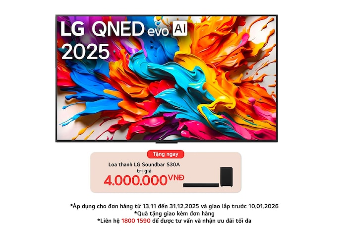 Front view of LG QNED evo AI QNED9M TV. LG QNED evo AI Logo on the. op corner. LG QNED evo TV depicts colorful paintike textures coming together. Zero Connect Box in the corner with the title, Zero Connect Box with 4K 144Hz wireless video & audio transfer.