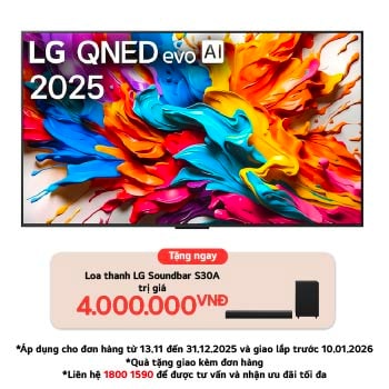 Front view of LG QNED evo AI QNED9M TV. LG QNED evo AI Logo on the. op corner. LG QNED evo TV depicts colorful paintike textures coming together. Zero Connect Box in the corner with the title, Zero Connect Box with 4K 144Hz wireless video & audio transfer.