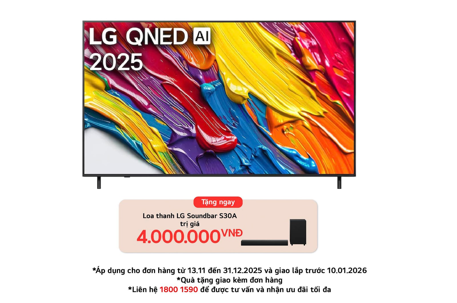 Hình ảnh tích cực của TV LG QNED82 với logo LG QNED Al ở góc trên cùng. LG QNED TV mô tả kết cấu đầy màu sắc như tranh vẽ.