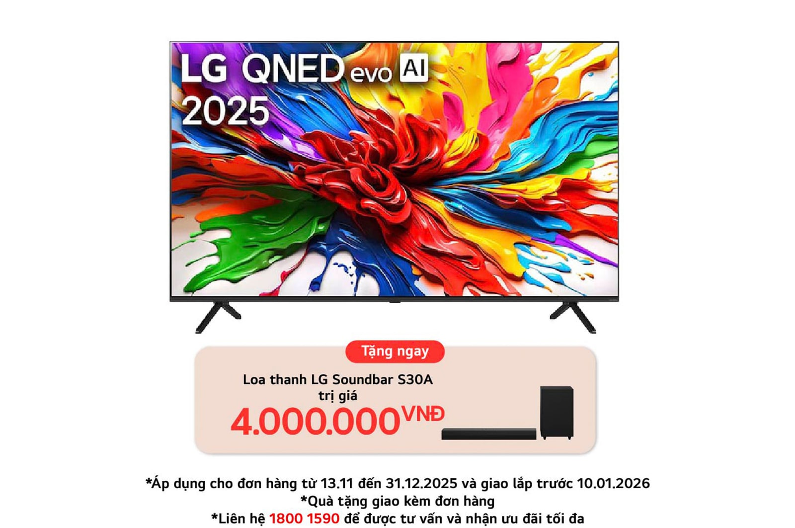 Front view of LG QNED evo QNED92 TV, LG QNED evo Al Logo on the top corner. LG QNED evo TV depicts colorful paintike textures coming together.